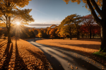 beautiful landscape of autumn forest at sunset, yellow trees and sunlight