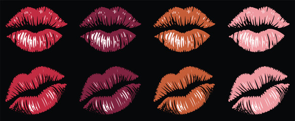 Lipstick kiss mark set, romantic kiss icon, beauty makeup symbol, vector illustration, fashion design, Valentine’s Day, love symbol, lip print, cosmetic art, feminine style