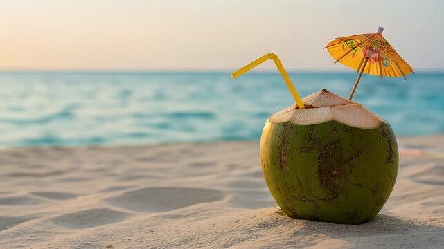 Coconut drink on beach.
Description Close-up of a coconut drink with straw and paper umbrella on a sandy beach