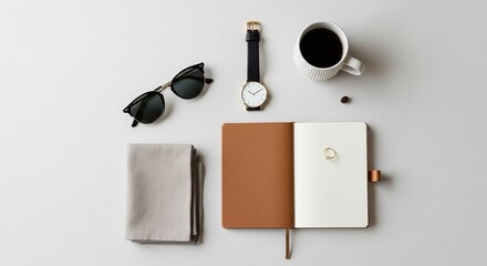Elegant essentials for creative minds coffee mug sunglasses journal and watch for daily inspiration and organization on a clean bright surface