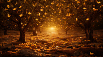 Enchanting forest grove bathed in warm golden light with luminous fruits on trees, creating a magical, ethereal atmosphere for fantasy and nature themes.