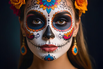 Portrait of a woman with creative bright makeup close-up on a dark background, looking at the camera. Halloween, Día de los Muertos or Day of the Dead makeup