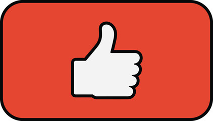 Obraz premium Thumbs up icon front view, white gesture symbol on red background with black outline, approval button, vector illustration, flat design