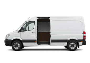 Fototapeta premium Modern white cargo van with open side door ready for delivery and logistics, showcasing spacious interior for business transport needs