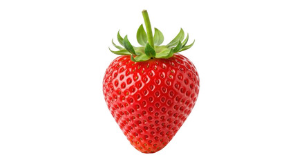 Isolated strawberry fruit with green leaves, juicy red summer sweet single berry fresh food