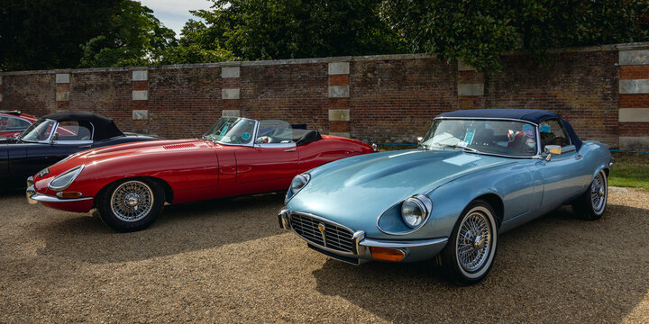 Display of classic Jaguar E-Type Cars, Concours of Elegance 2025, Hampton Court Palace, London, UK	