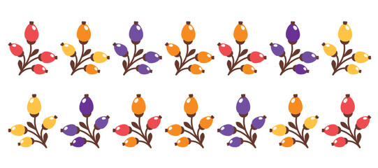 Set of berries isolated. Rosehip, cranberry, lingonberry. Red yellow blue berries with green leaf. Colorful Fresh tasty berries. Berry icon. Vector illustration
