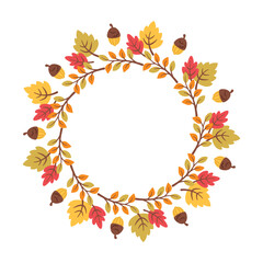 Autumn foliage wreath. Circular frame of fall leaves, acorns. Seasonal round border isolated on white background. Vector  flat illustration for greeting cards, invitations, posters