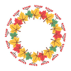 Fall leaves round frame isolated on white background. Circular border design with seasonal foliage. Vector flat illustration for invitations, labels, packaging, cards