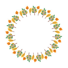 Circle wreath with autumn leaves. Round foliage border isolated on white background. Autumn color sheets in frame. Vector illustration for banners, cards, seasonal design