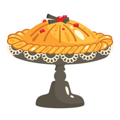 Thanksgiving pie. Classic Pumpkin cake decorated with berries and cinnamon sticks. Thanksgiving Day. Traditional holiday dessert. Vector flat Illustration for menu, invitations, greeting card, banner