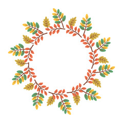 Autumn foliage wreath. Circular frame of fall leaves and berries. Seasonal round border isolated on white background. Vector  flat illustration for greeting cards, invitations, posters