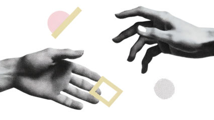 halftone hands reaching out to each other trendy isolated on white background, png, ai generated