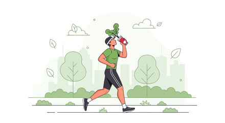 Illustration of a man jogging and drinking a healthy green smoothie outdoors