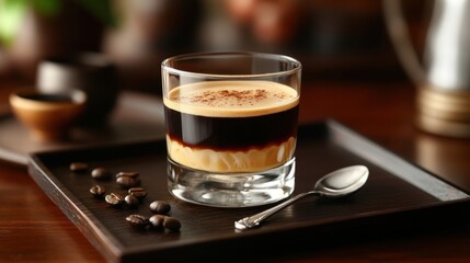 Layered Coffee Dessert in Elegant Glass on Wooden Tray