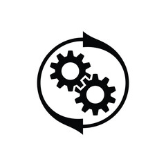 Interlocking gears within a circular arrow symbol representing process and workflow
