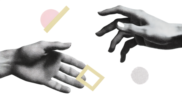 halftone hands reaching out to each other trendy isolated on white background, png, ai generated
