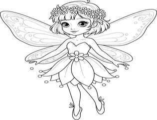 Detailed line art of a fairy with wings and a flower crown.
