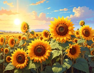 Obraz premium Vibrant sunflower field at sunset
