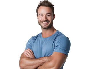 Fototapeta premium a handsome man in a blue t-shirt, smiling with his arms crossed, on a transparent background.