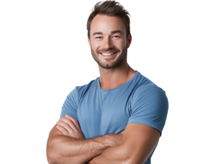 a handsome man in a blue t-shirt, smiling with his arms crossed, on a transparent background.