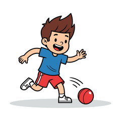 Happy cartoon boy playing soccer with a red ball, active childhood fun