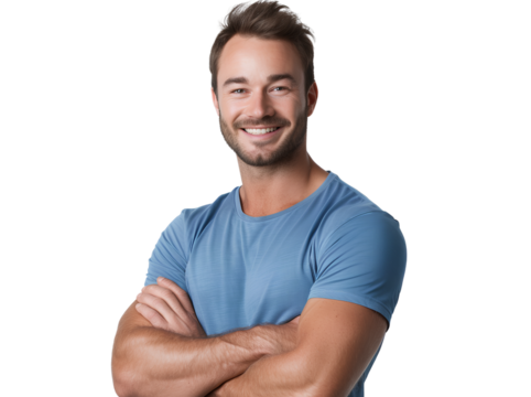 a handsome man in a blue t-shirt, smiling with his arms crossed, on a transparent background.