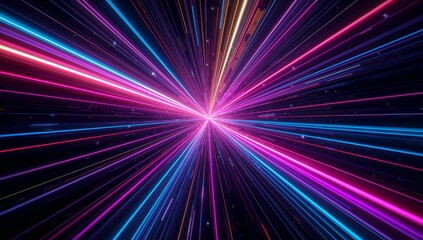 Fototapeta premium Dynamic neon light streaks explode into a vibrant futuristic tunnel, creating an energetic and expansive abstract background for technology and speed concepts.