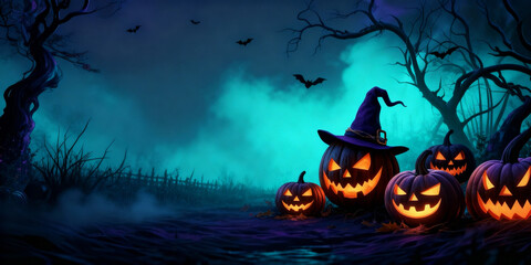 Eerie Halloween Pumpkins in Misty Landscape with a Witch Hat and Silhouetted Bats Against Dark Sky