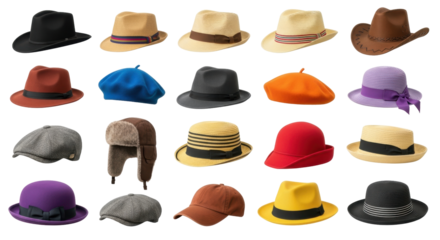 Isolated stylish diverse collection of hats assortment, fashion design, headwear clothing