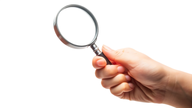 hand holding magnifying glass isolated on white background, png, ai generated