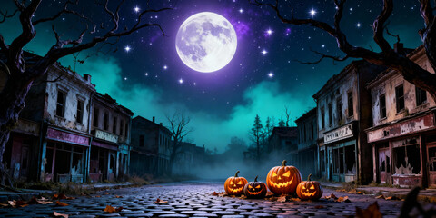Eerie Halloween Scene with Jack O Lanterns Under a Large Moon in a Ghost Town