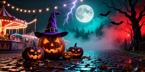 Eerie Halloween Scene with Glowing Pumpkins Purple Hat Bats and Moonlit Amusement Park in Background