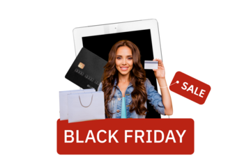 Composite trend artwork sketch image 3D photo collage of sale black friday attractive young lady hold bags bank credit card pay cashless