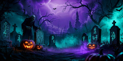 Eerie Pixelated Halloween Cemetery with Glowing Pumpkins and Spooky Figure Under Purple Sky