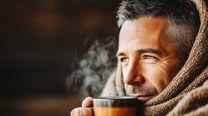Man Enjoying Warm Drink Wrapped in Cozy Blanket Indoors