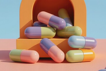 Colorful pastel capsules scattered on a pink and blue background with orange structure
