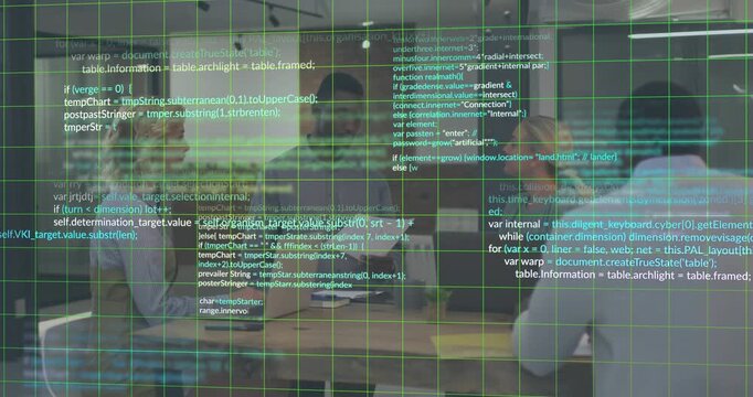 Tech team reviewing document in meeting while digital grid emerging and overlaying laptop screens - Powered by Adobe