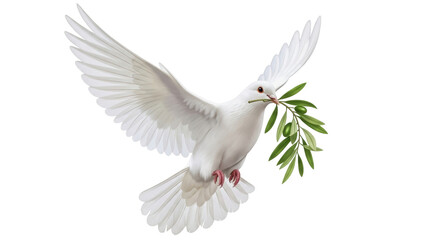 Isolated dove carrying olive branch is an international symbol of peace and new beginnings