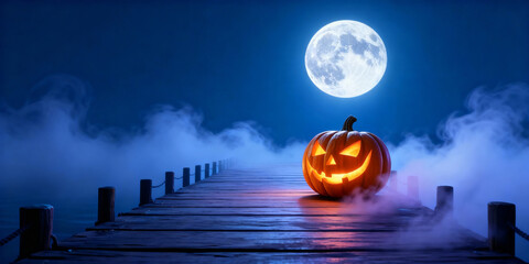 Glowing Jack O Lantern on Wooden Dock under Full Moon in Nighttime Scenery