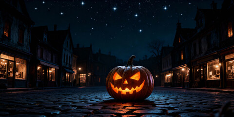 Glowing Jack O Lantern on Cobblestone Street under Starry Night Sky in Dark Blue Tone Halloween Festive Scene