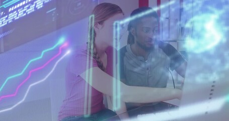 designer pointing to monitor, guiding developer manipulating holographic data in technology project - Powered by Adobe