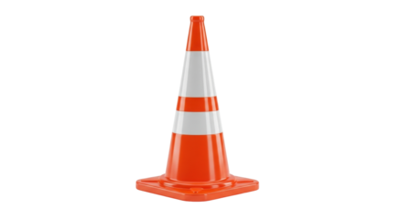 Isolated orange and white striped construction cone for traffic safety and road work