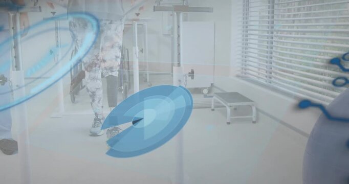 Senior patient gripping parallel bars and activating blue overlays during prosthetic gait training