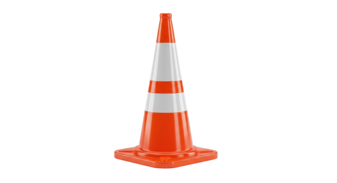 Isolated orange and white striped construction cone for traffic safety and road work