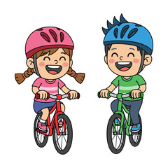 Happy cartoon children riding bicycles wearing helmets for safety and fun