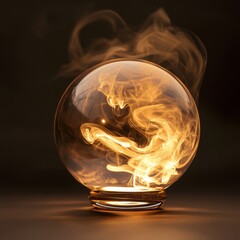 Glowing golden light swirling inside crystal sphere, ethereal smoke tendrils dancing against shadowy backdrop, evoking mystical, enigmatic mood