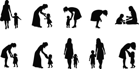 Mother and Child Silhouette Set Showing Love, Care, Bonding, Parenting, Support, Communication, Walking, Sitting, Talking, Helping, Togetherness