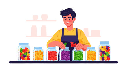 Man sorting colorful gummy bears into jars, showcasing a sweet treat collection
