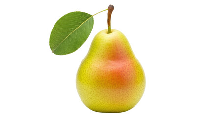 Isolated yellow-green pear with leaf on stem, delicious fruit for healthy snacking today